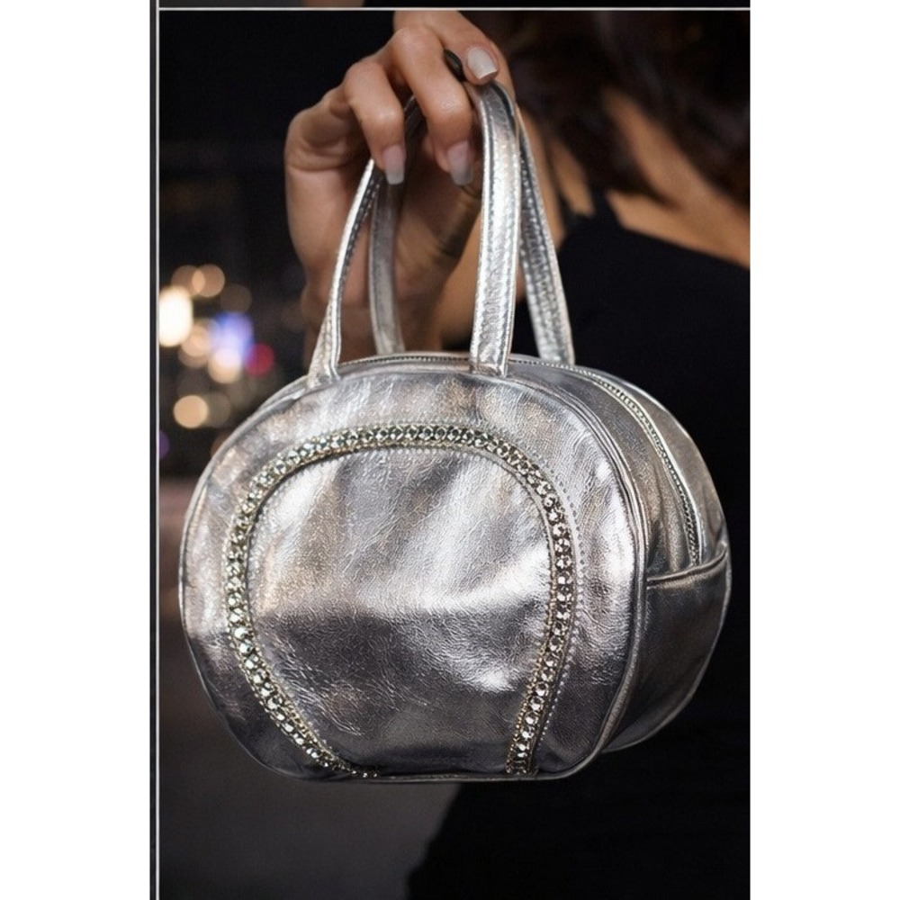 Y2K Mini‎ Handbag Metallic Futuristic Party Purse Silver Leather Rhinestone Chic